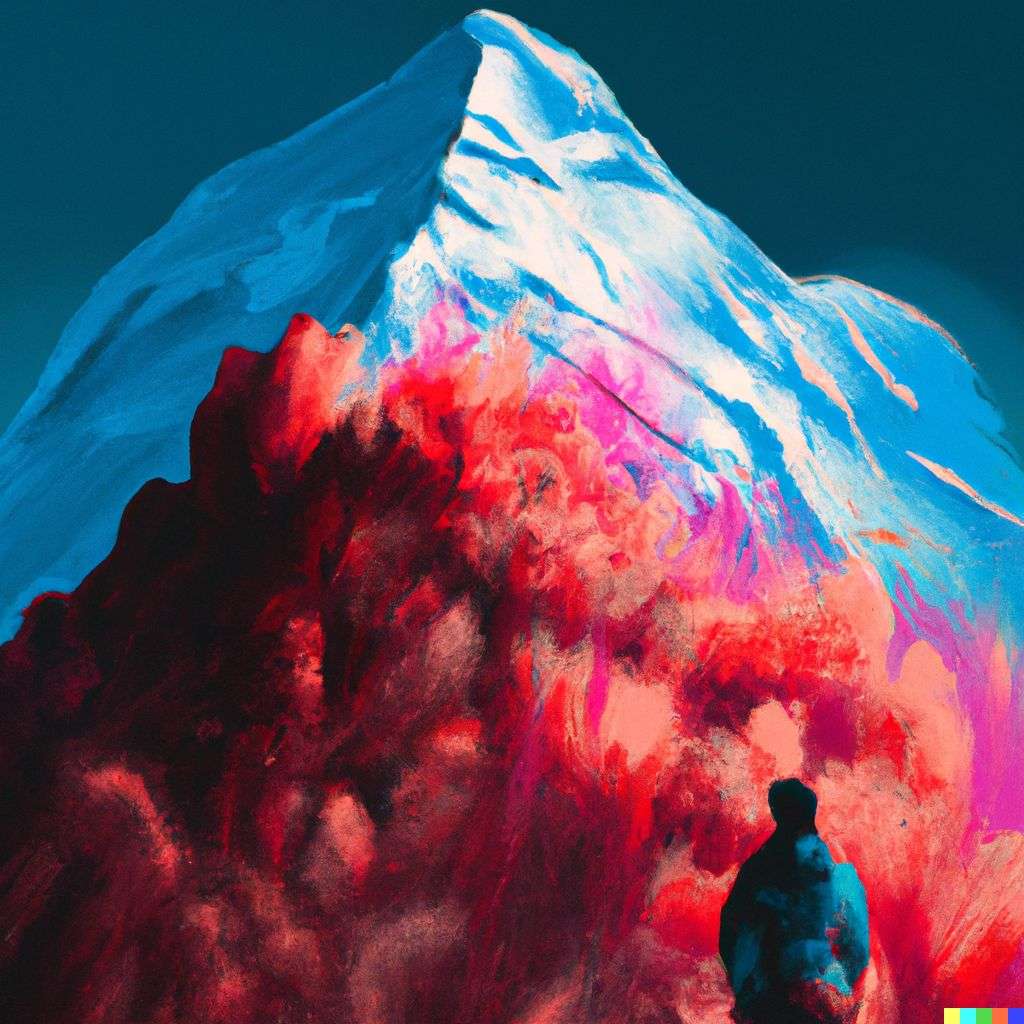 someone gazing at Mount Everest, made from a burst of colored powder, digital art
